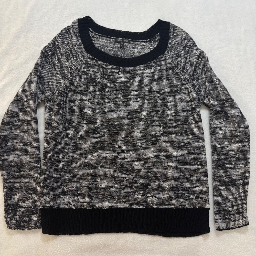 Eileen Fisher Linen Blend Marled Knit Sweater Black White Crew Neck Pullover M